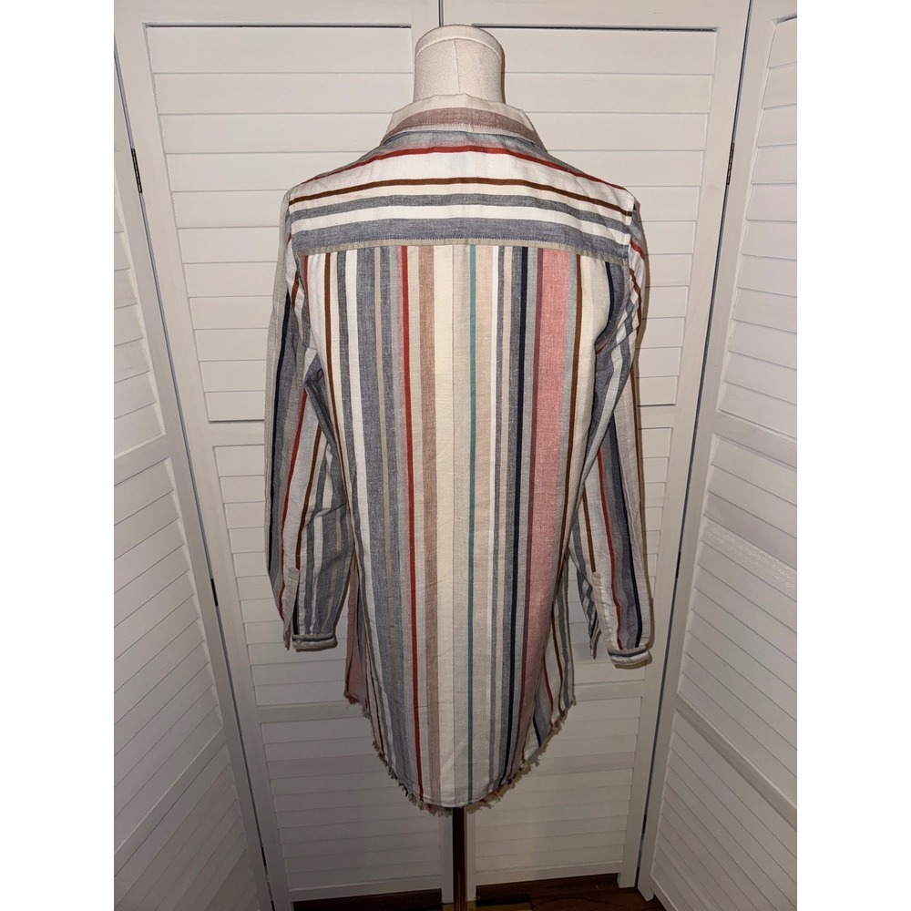 Lilla P Multi Stripe Button Front Long Sleeve Tunic Dress Fringe Hem Medium - Picture 5 of 7